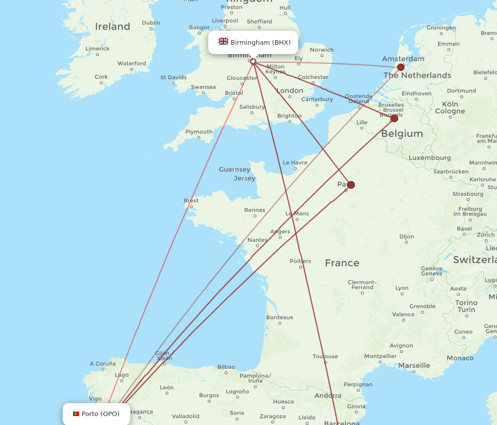 BHX to OPO flights and routes map