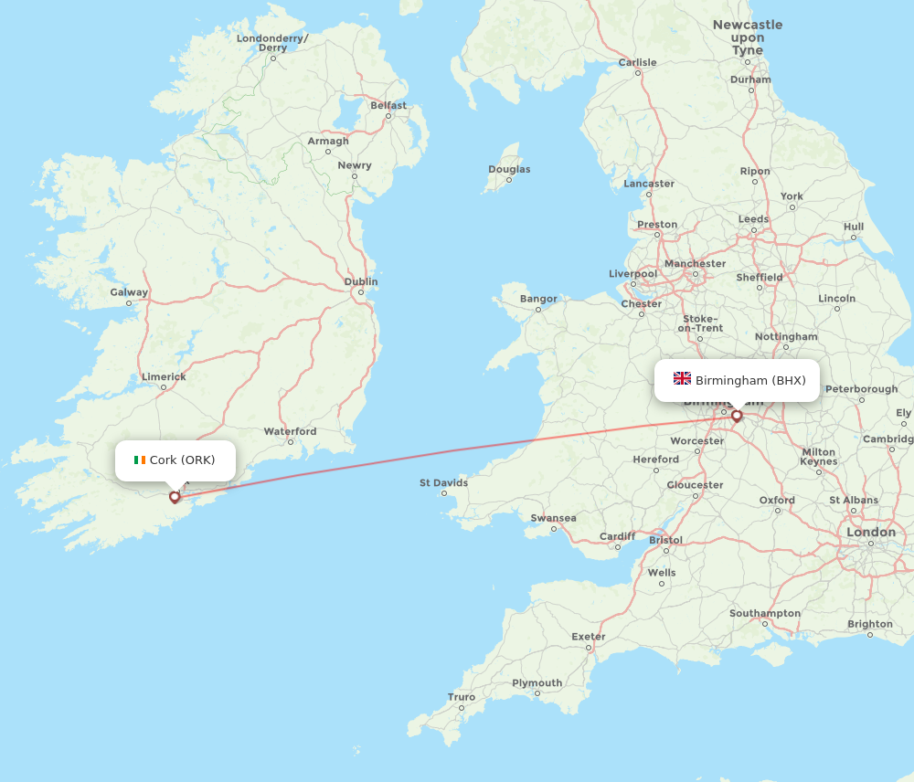 BHX to ORK flights and routes map