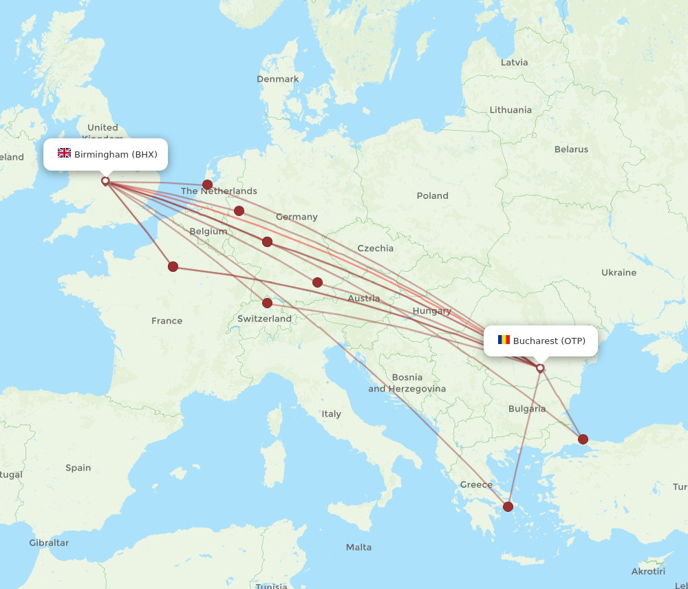 BHX to OTP flights and routes map