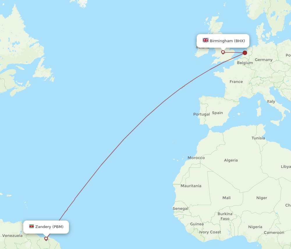 BHX to PBM flights and routes map