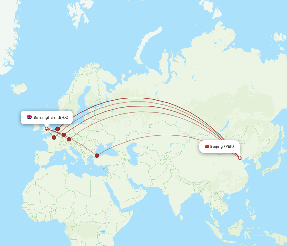 BHX to PEK flights and routes map