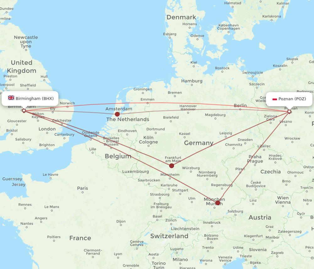 BHX to POZ flights and routes map