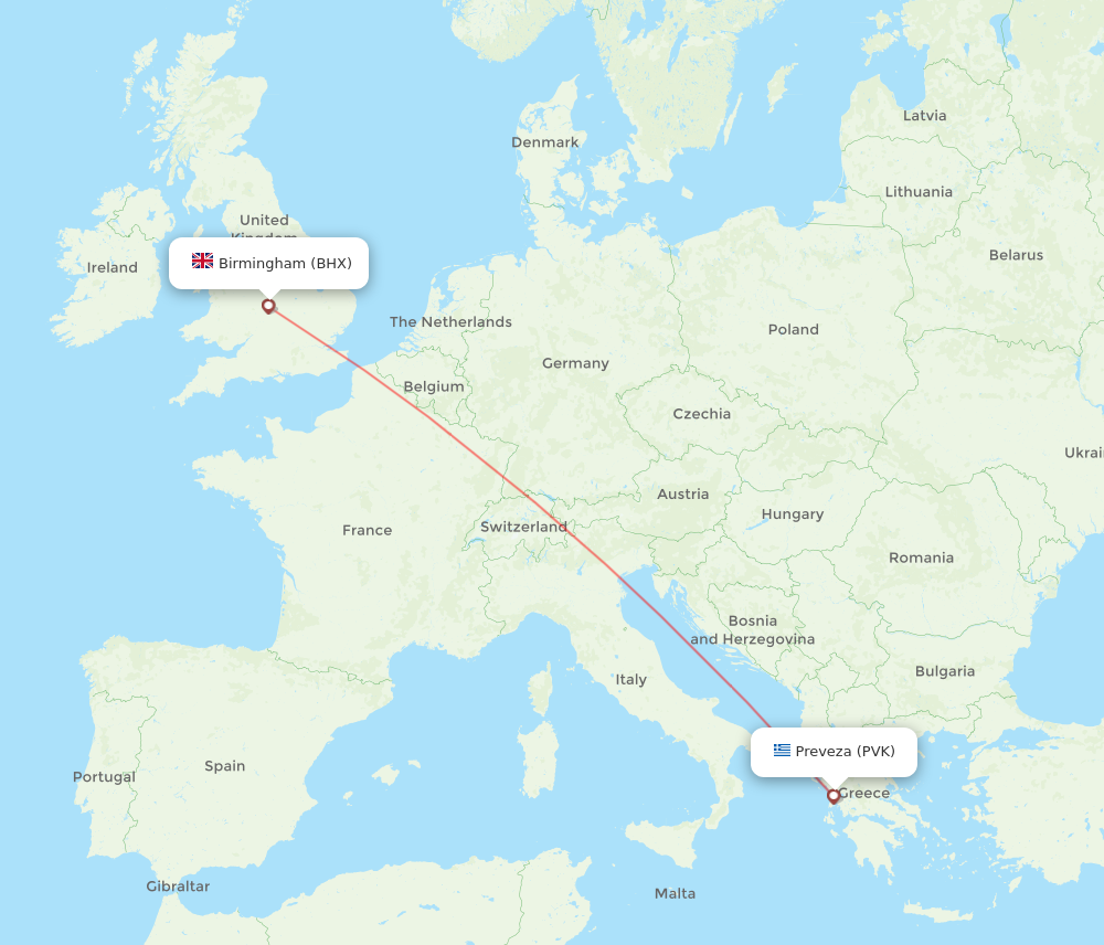 BHX to PVK flights and routes map
