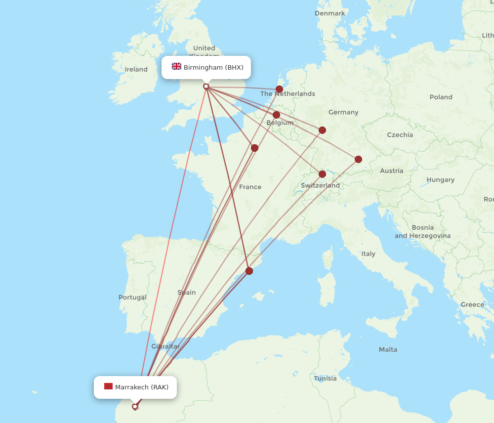 BHX to RAK flights and routes map