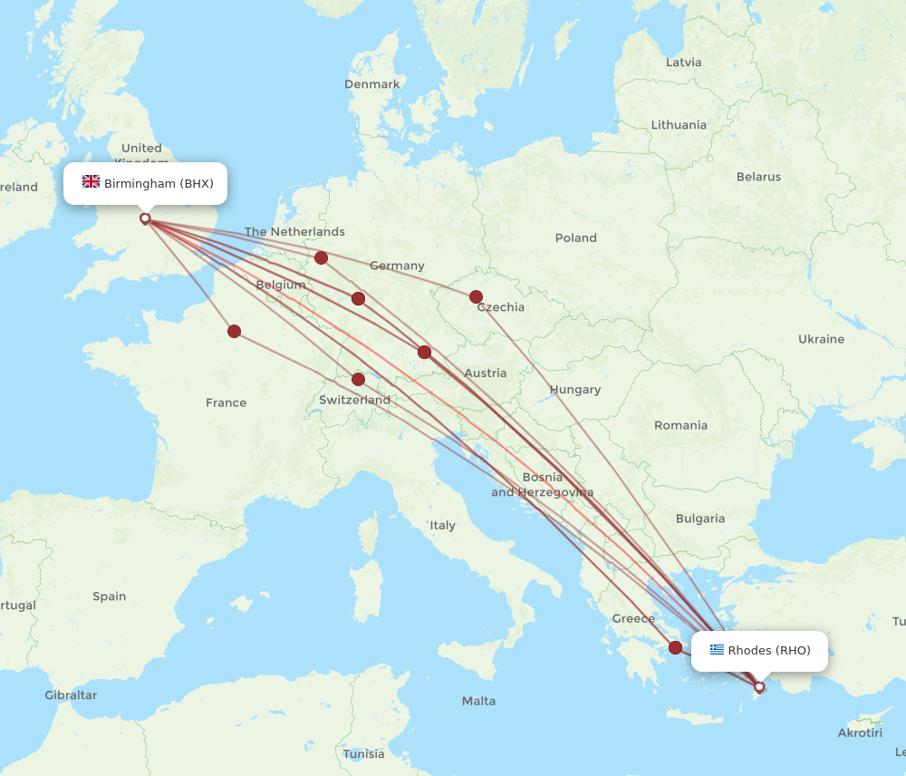 BHX to RHO flights and routes map