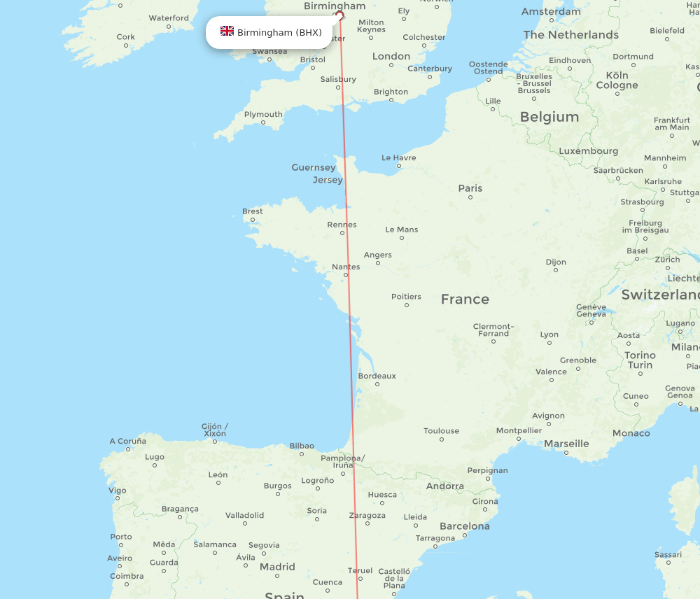 Birmingham - Corvera route map and flight paths