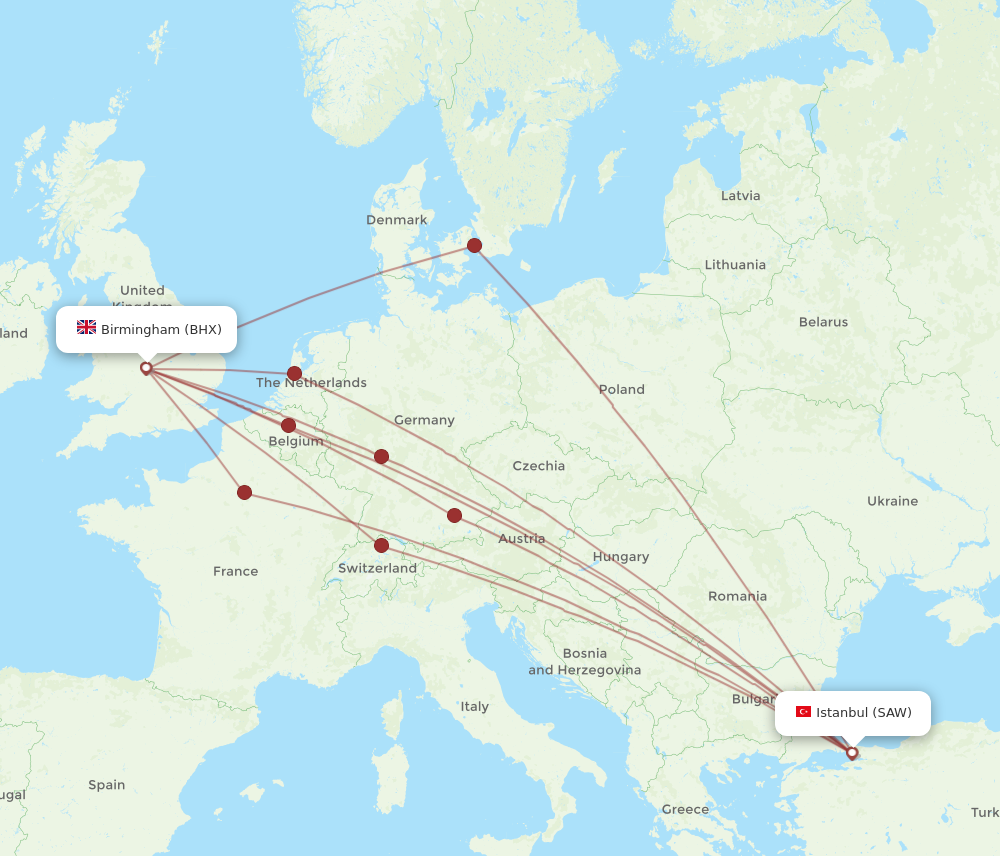 BHX to SAW flights and routes map