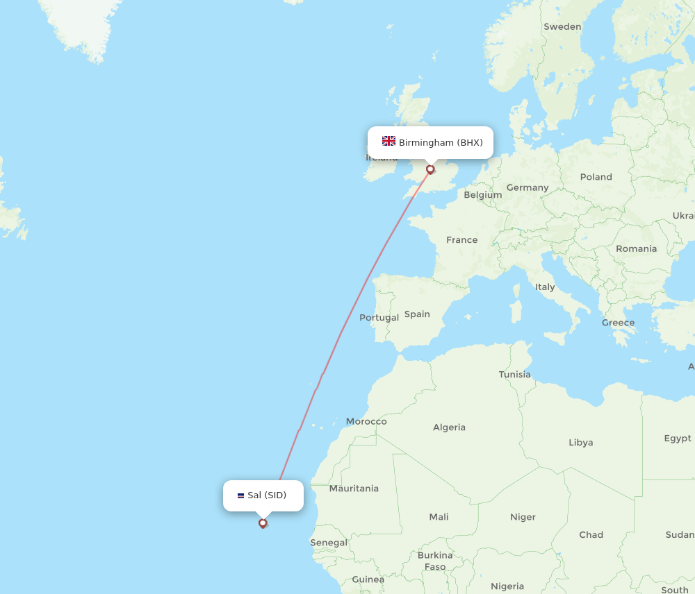 Birmingham - Sal route map and flight paths