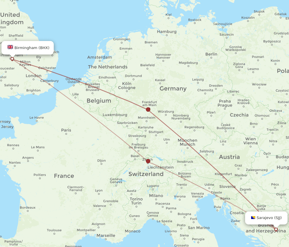 BHX to SJJ flights and routes map