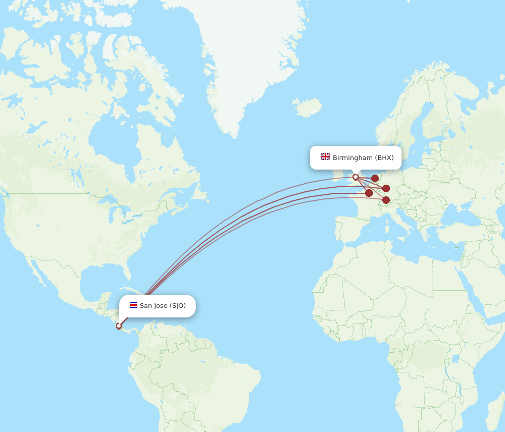 BHX-SJO flight routes