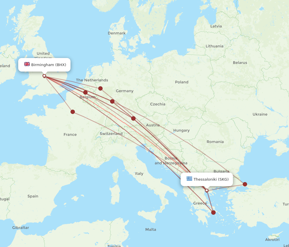 BHX to SKG flights and routes map