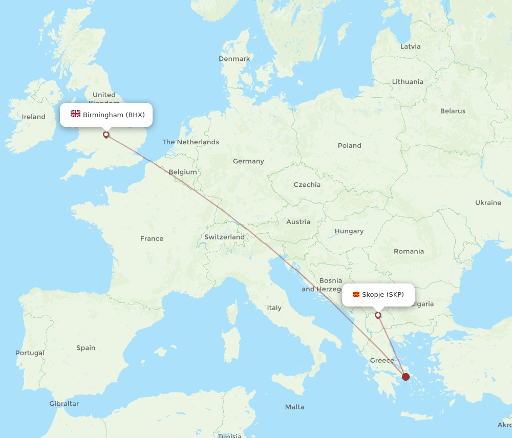 BHX to SKP flights and routes map