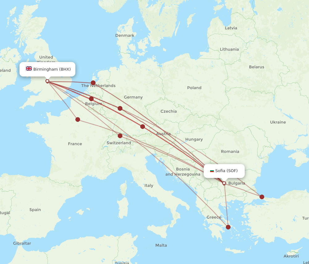 BHX to SOF flights and routes map