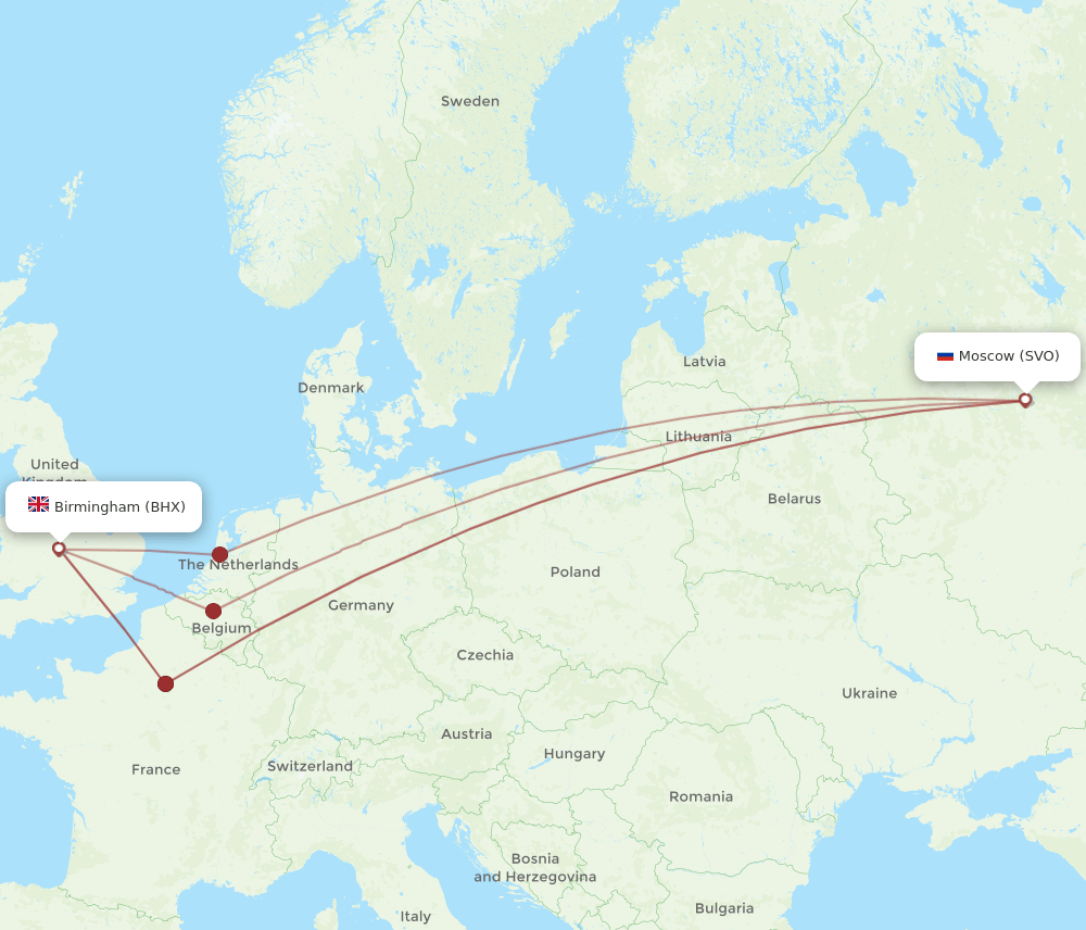 Birmingham - Moscow route map and flight paths