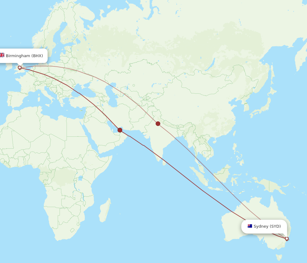 BHX to SYD flights and routes map