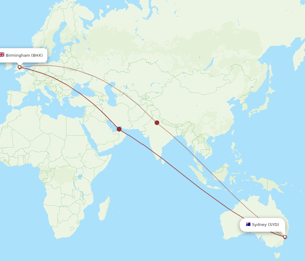 BHX-SYD flight routes
