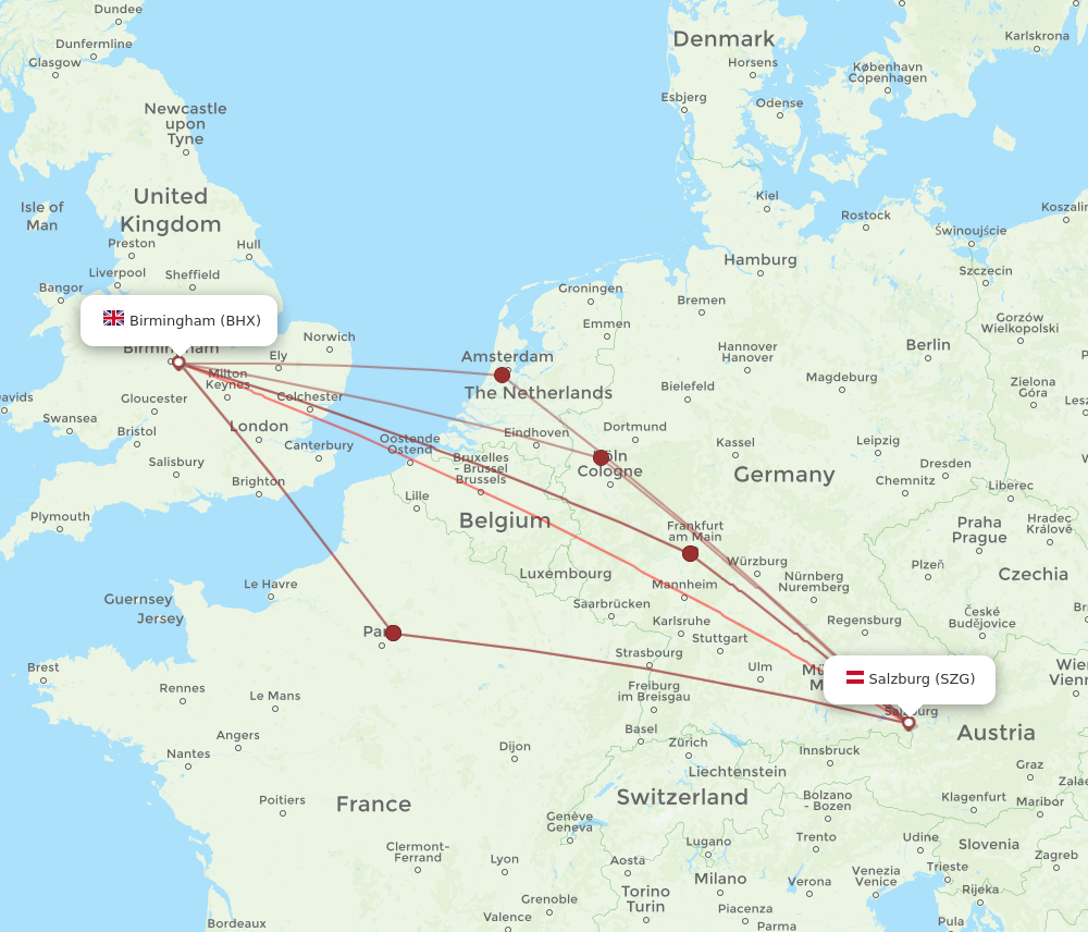 BHX to SZG flights and routes map