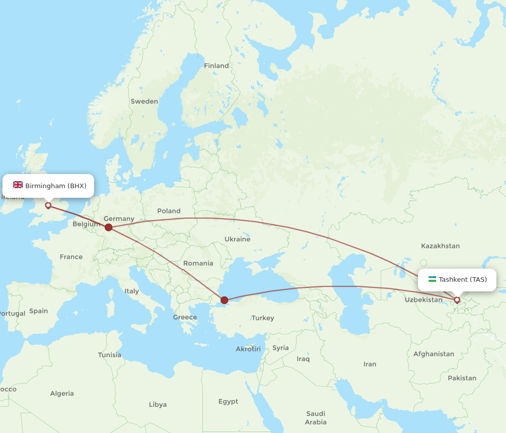 BHX to TAS flights and routes map