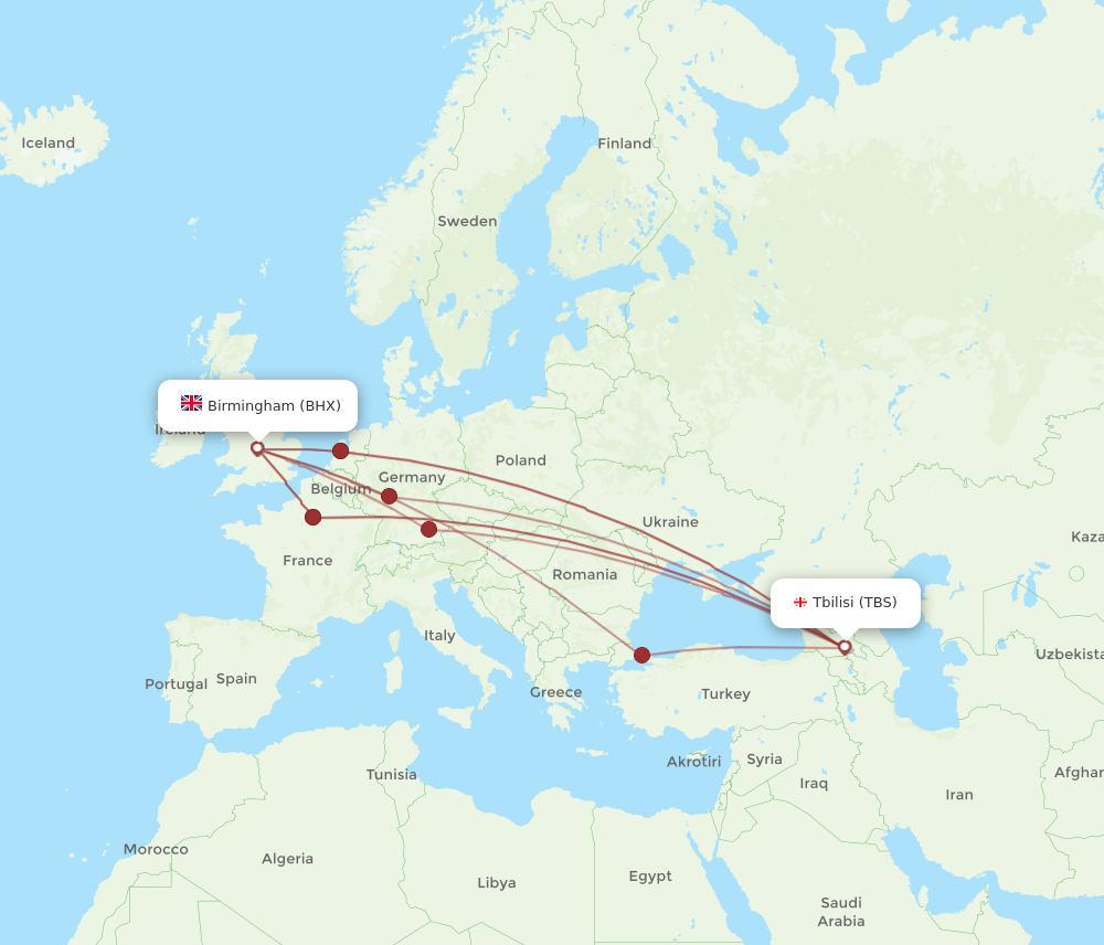 BHX to TBS flights and routes map