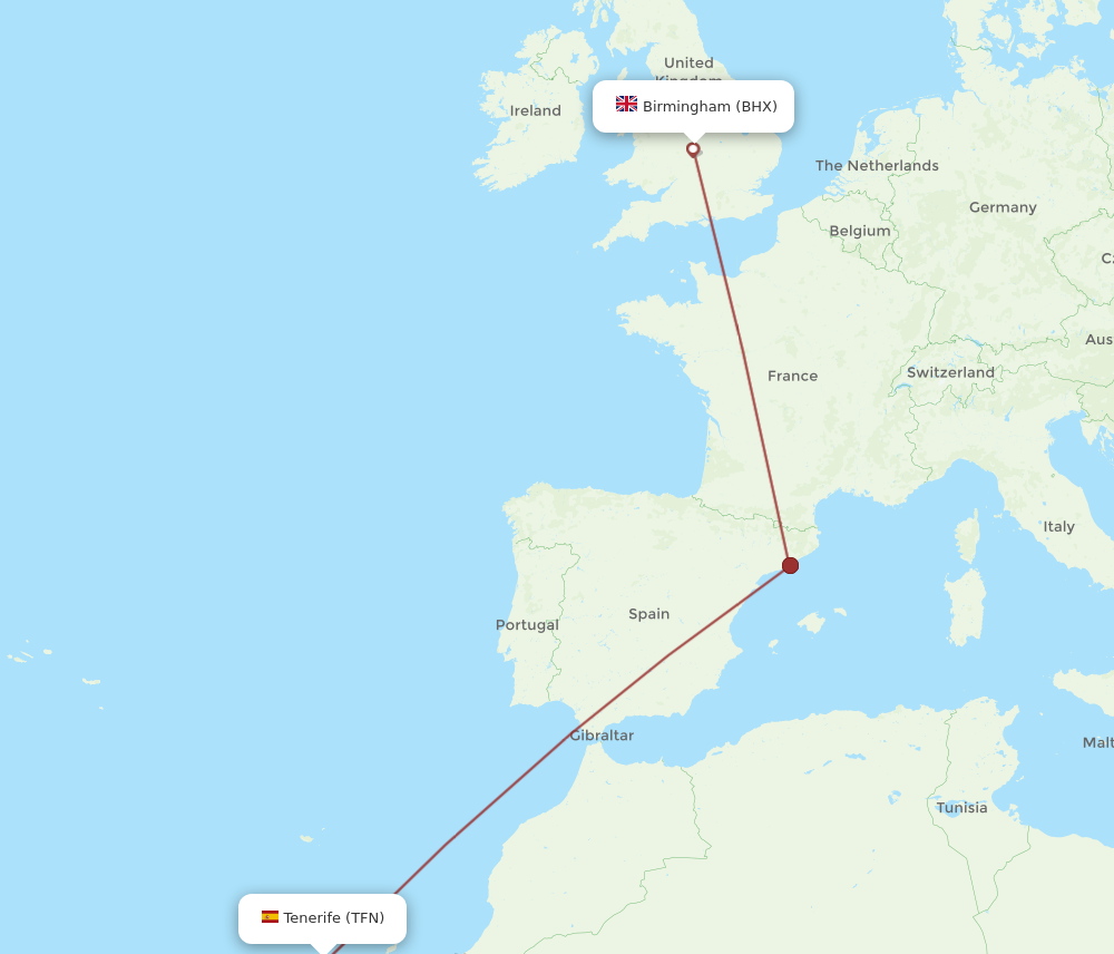 BHX to TFN flights and routes map