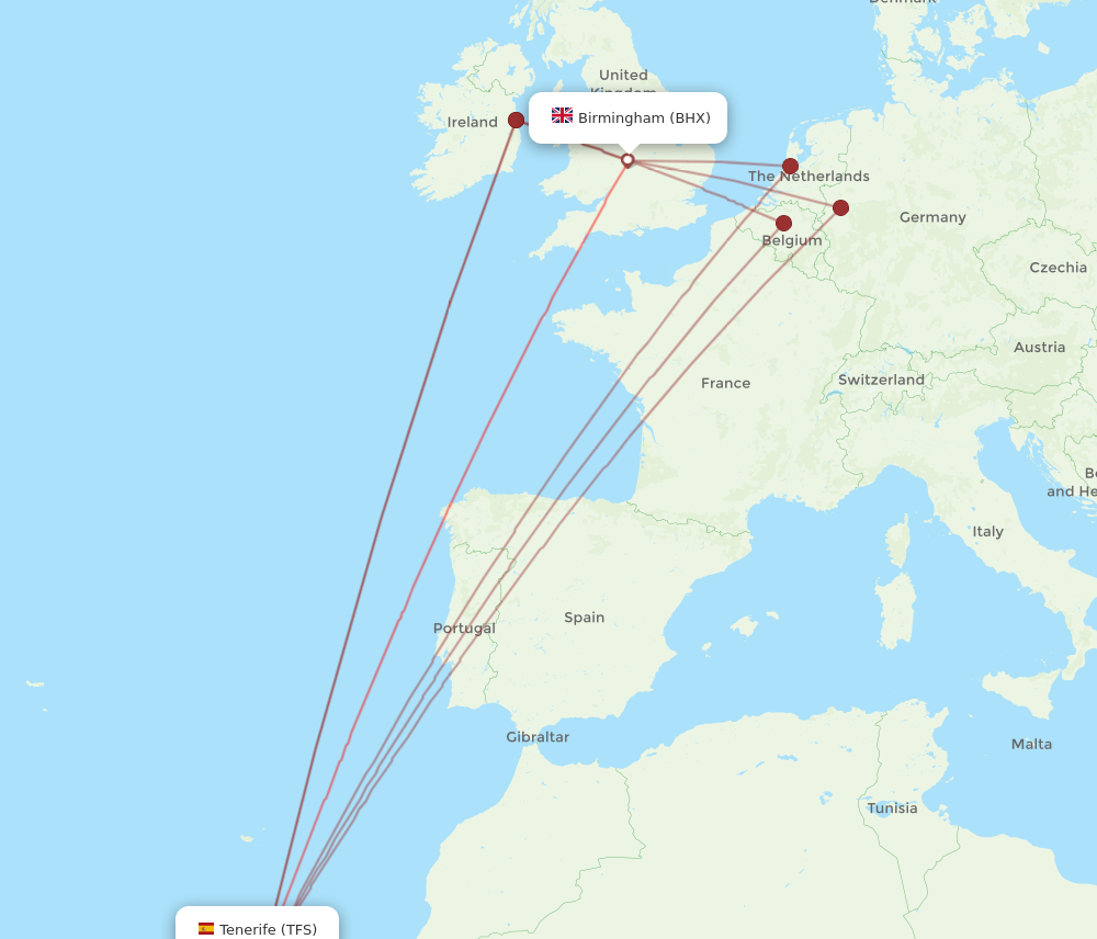 BHX to TFS flights and routes map