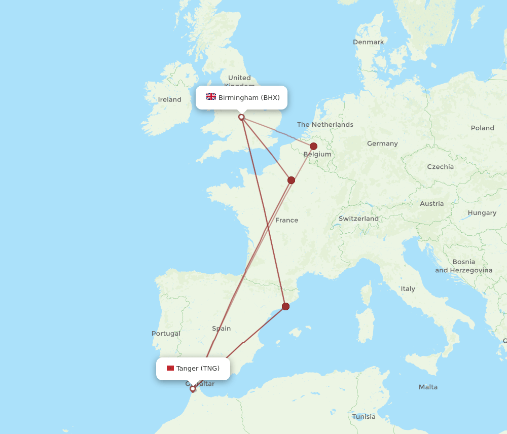 BHX to TNG flights and routes map