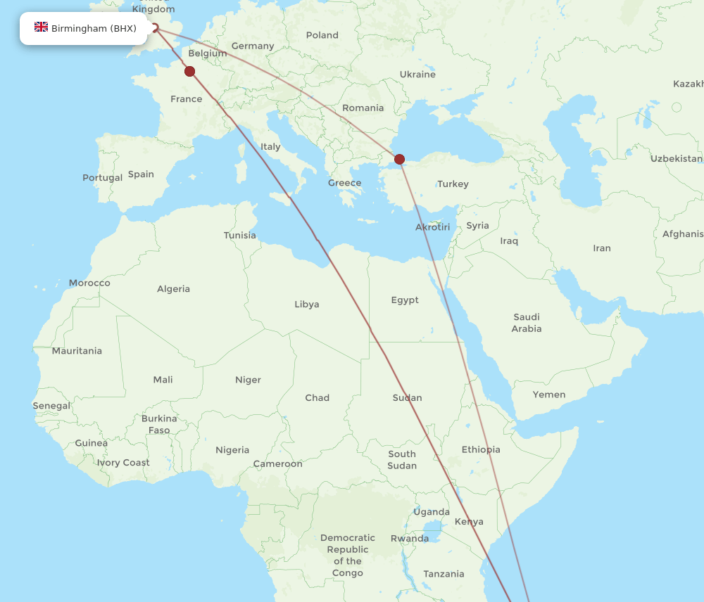 BHX-TNR flight routes