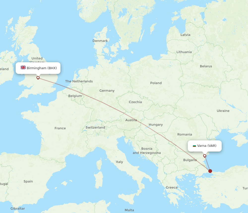 BHX to VAR flights and routes map