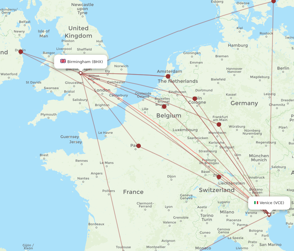 BHX to VCE flights and routes map