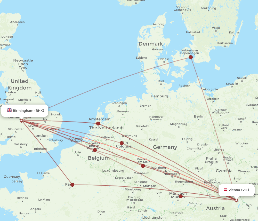 BHX to VIE flights and routes map