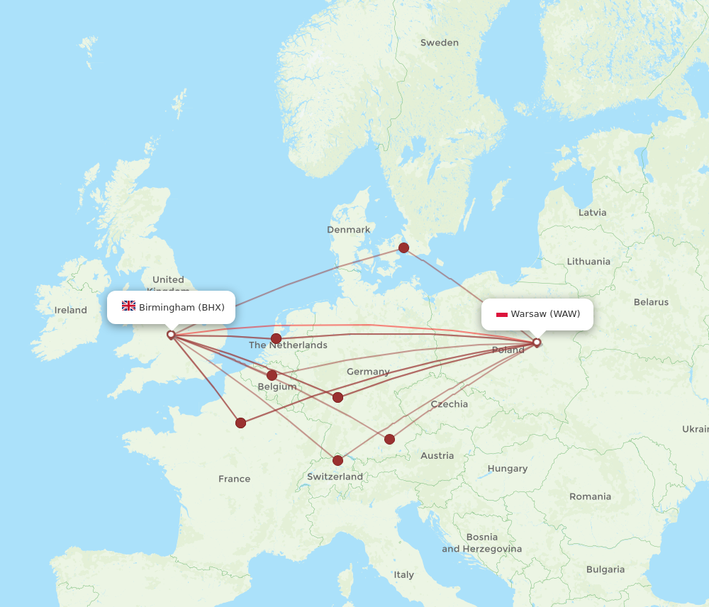 BHX to WAW flights and routes map