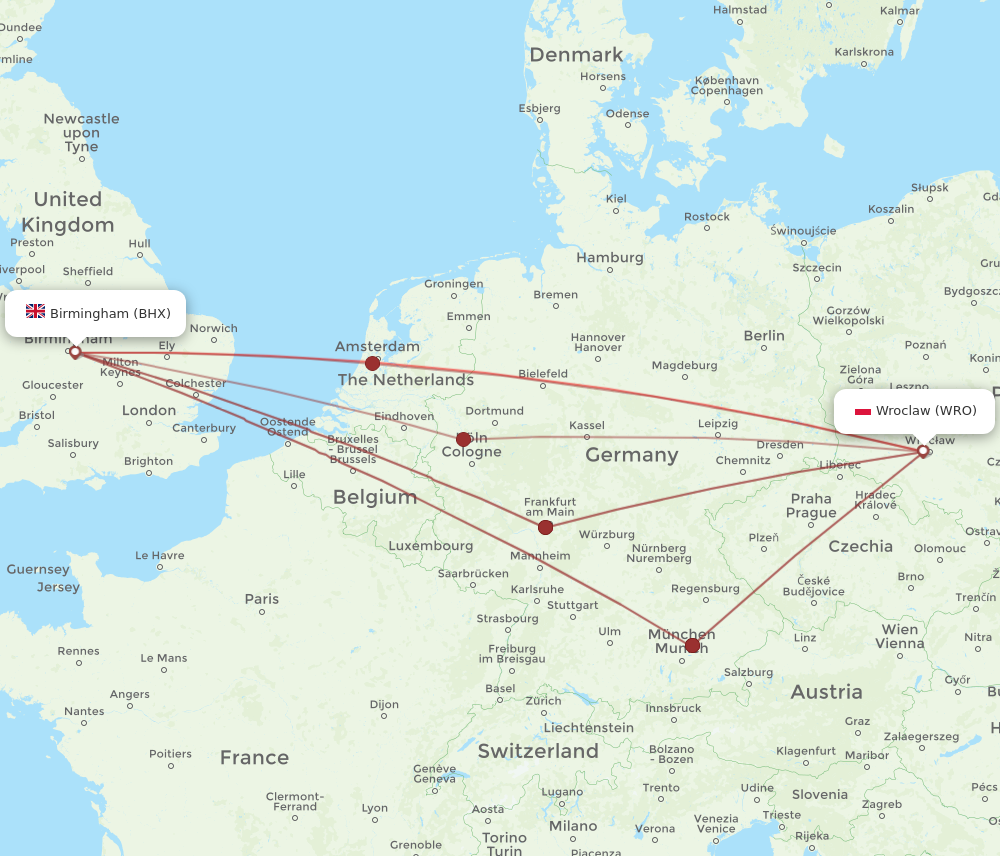 BHX to WRO flights and routes map