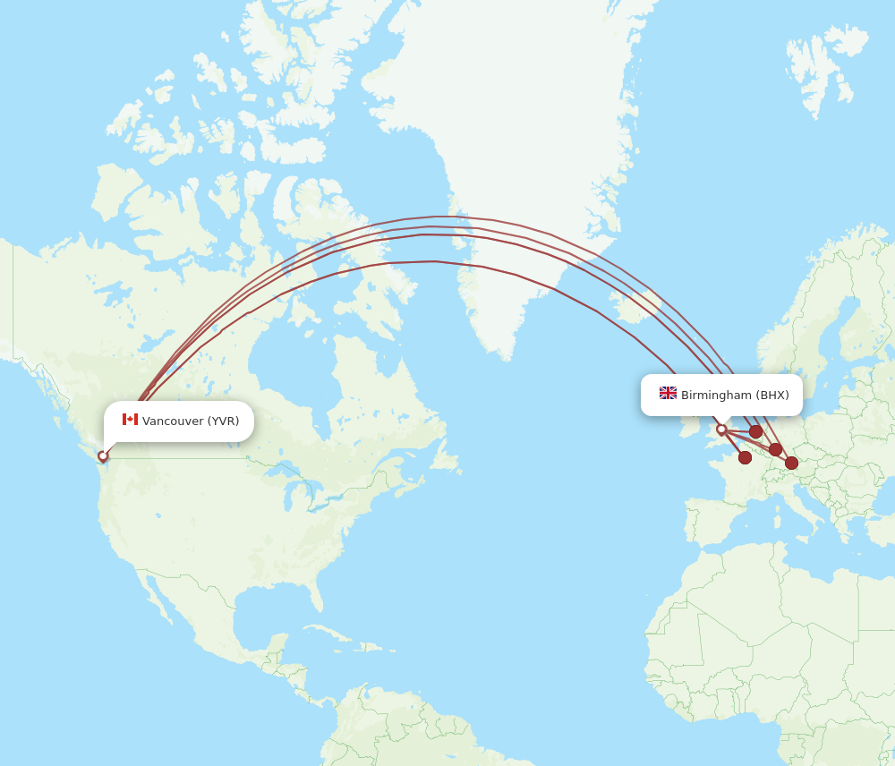 YVR to BHX flights and routes map