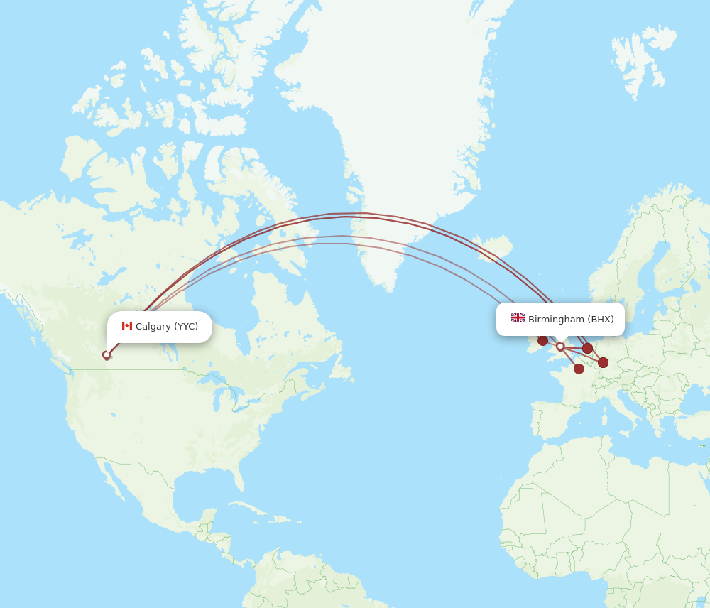 YYC to BHX flights and routes map