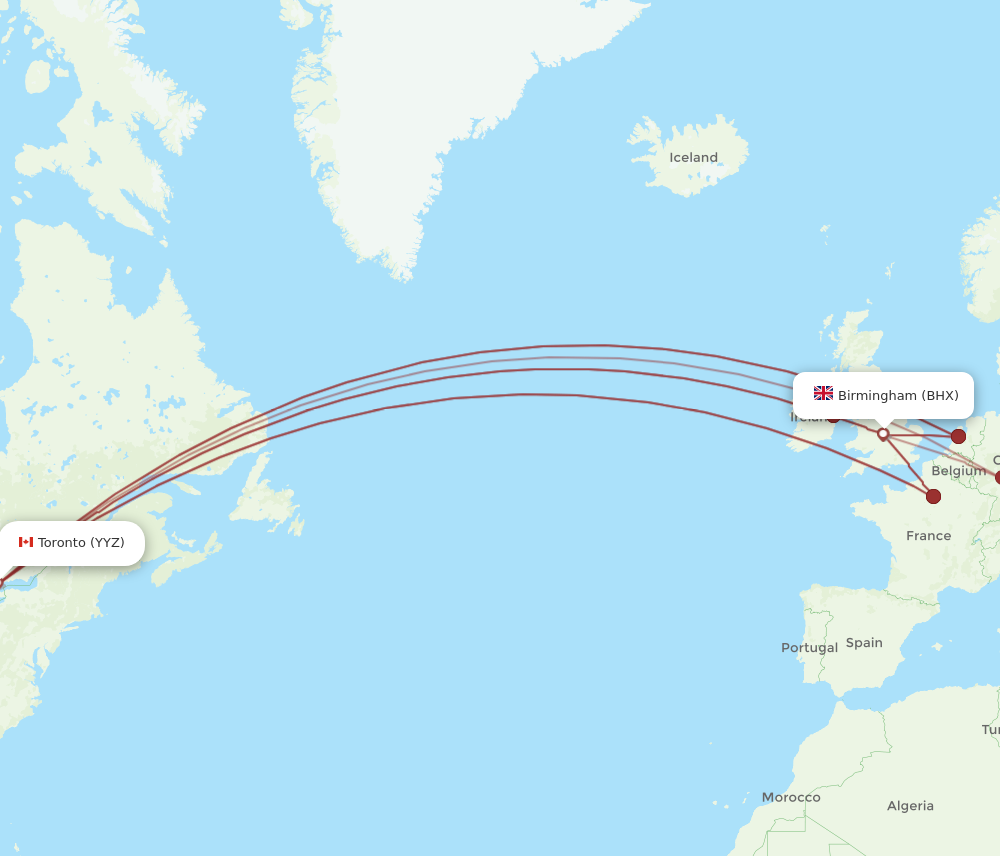YYZ to BHX flights and routes map