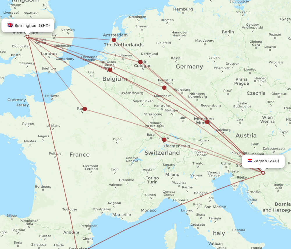 Zagreb - Birmingham route map and flight paths