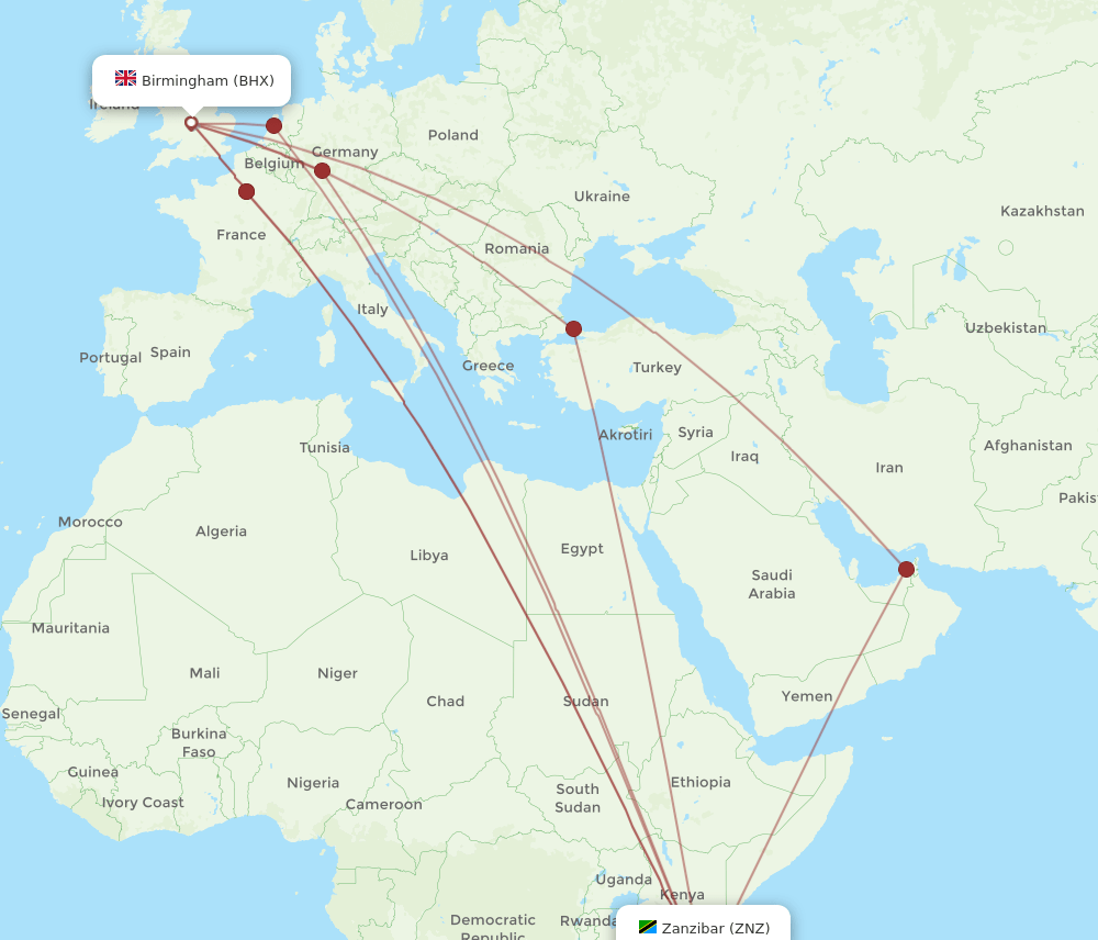 Zanzibar - Birmingham route map and flight paths