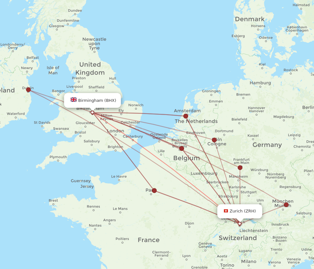 BHX to ZRH flights and routes map