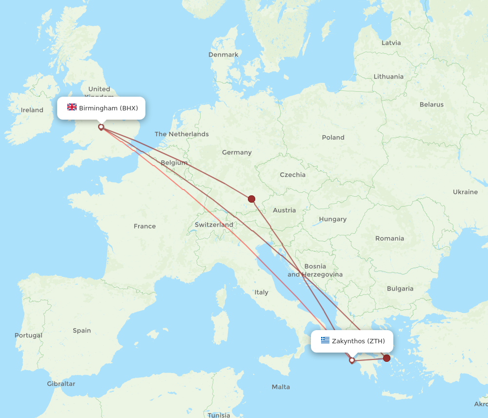 BHX to ZTH flights and routes map