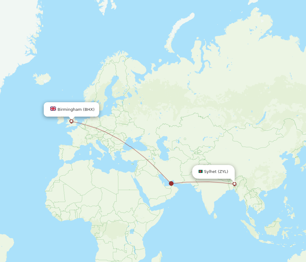 Sylhet - Birmingham route map and flight paths
