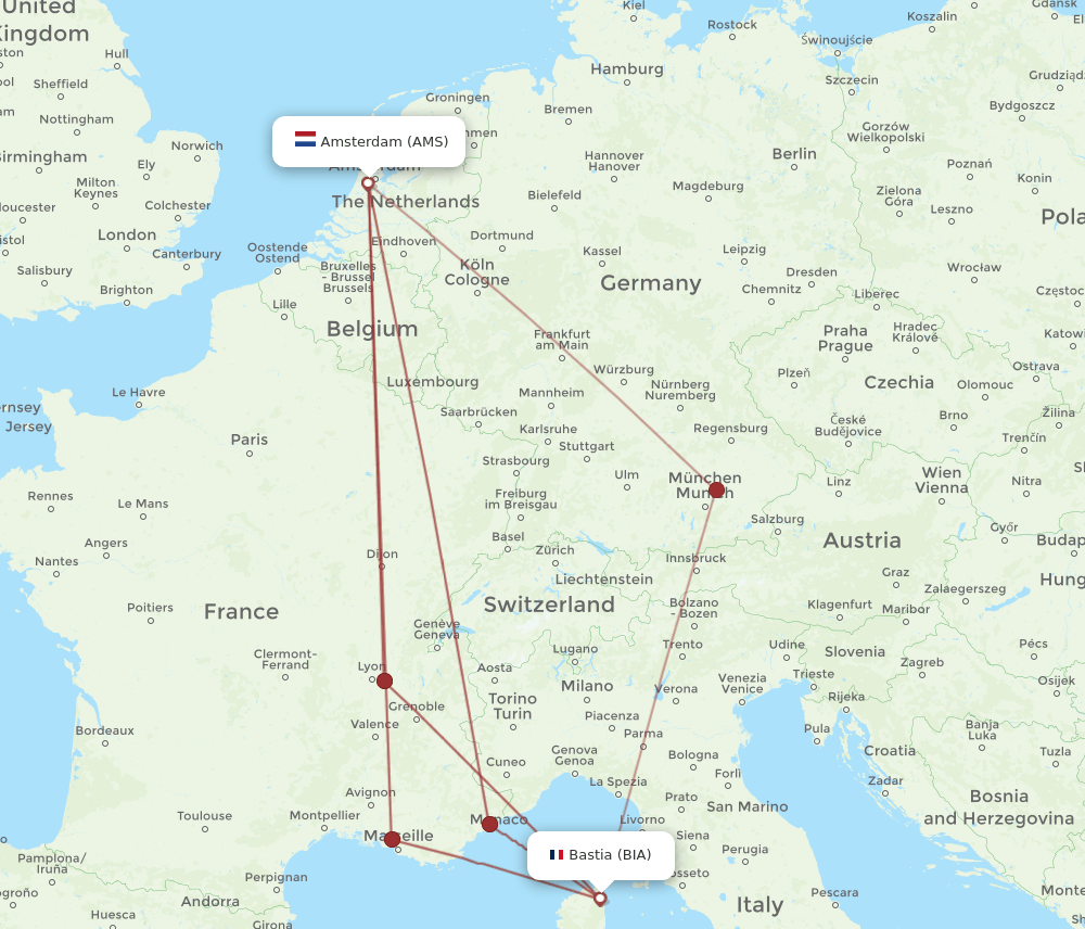 BIA to AMS flights and routes map
