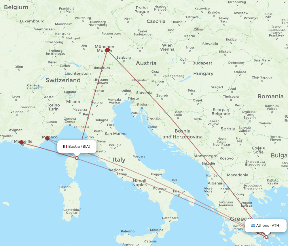 BIA to ATH flights and routes map
