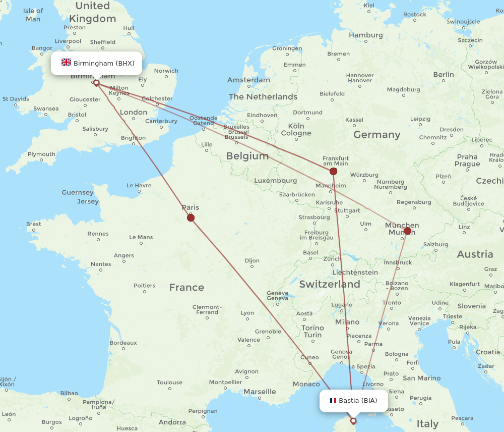 BIA to BHX flights and routes map