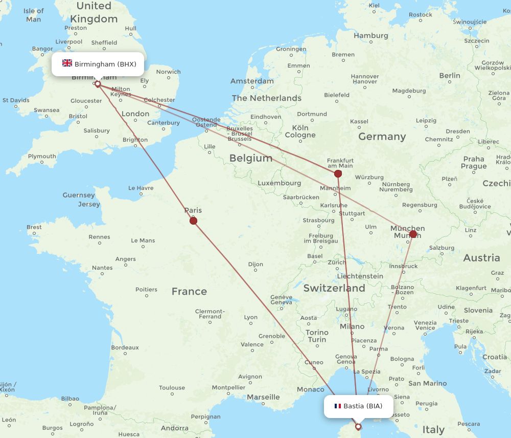 BIA-BHX flight routes