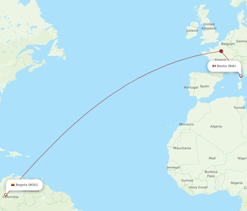 BIA-BOG flight routes