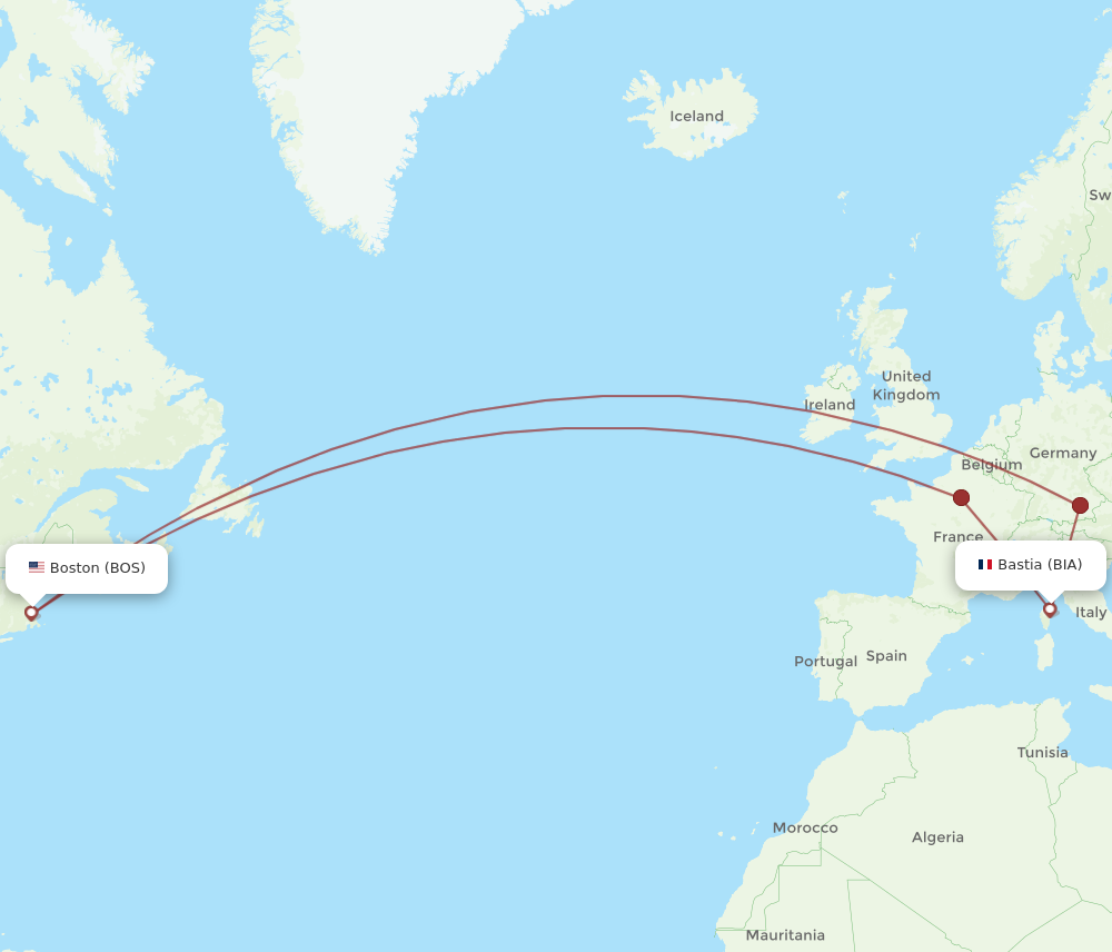 BIA to BOS flights and routes map