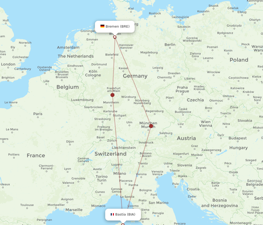 BIA to BRE flights and routes map
