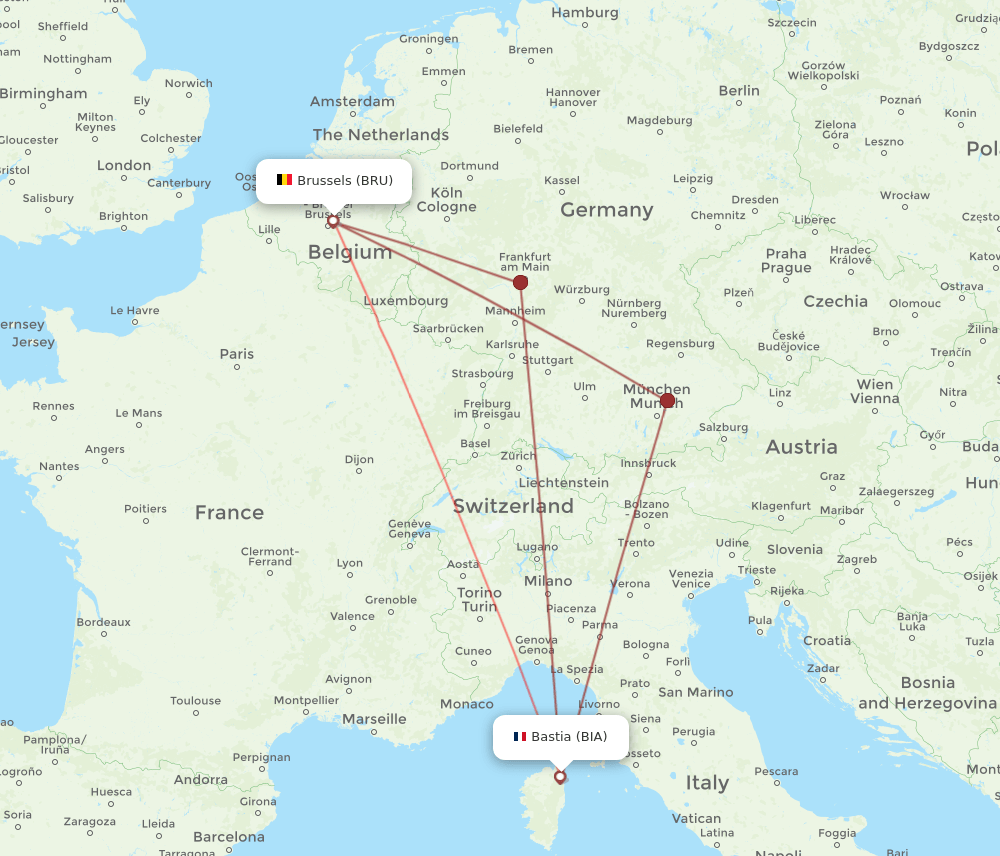 BIA to BRU flights and routes map