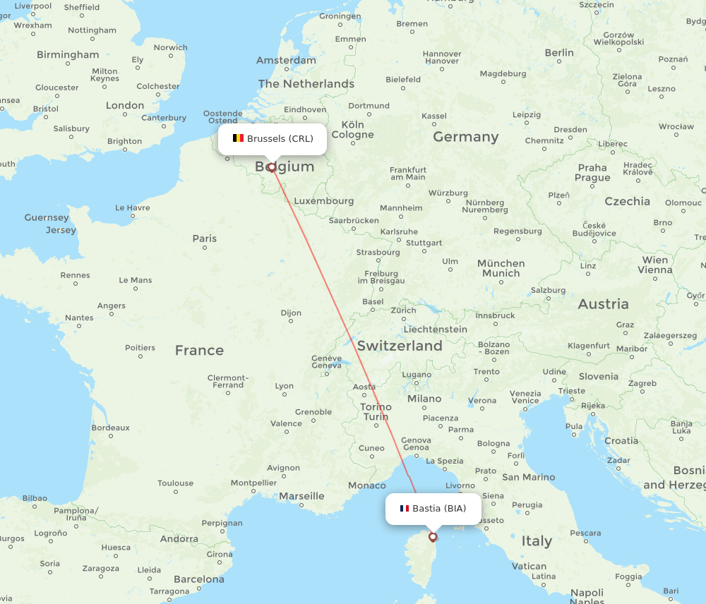 Bastia - Brussels route map and flight paths