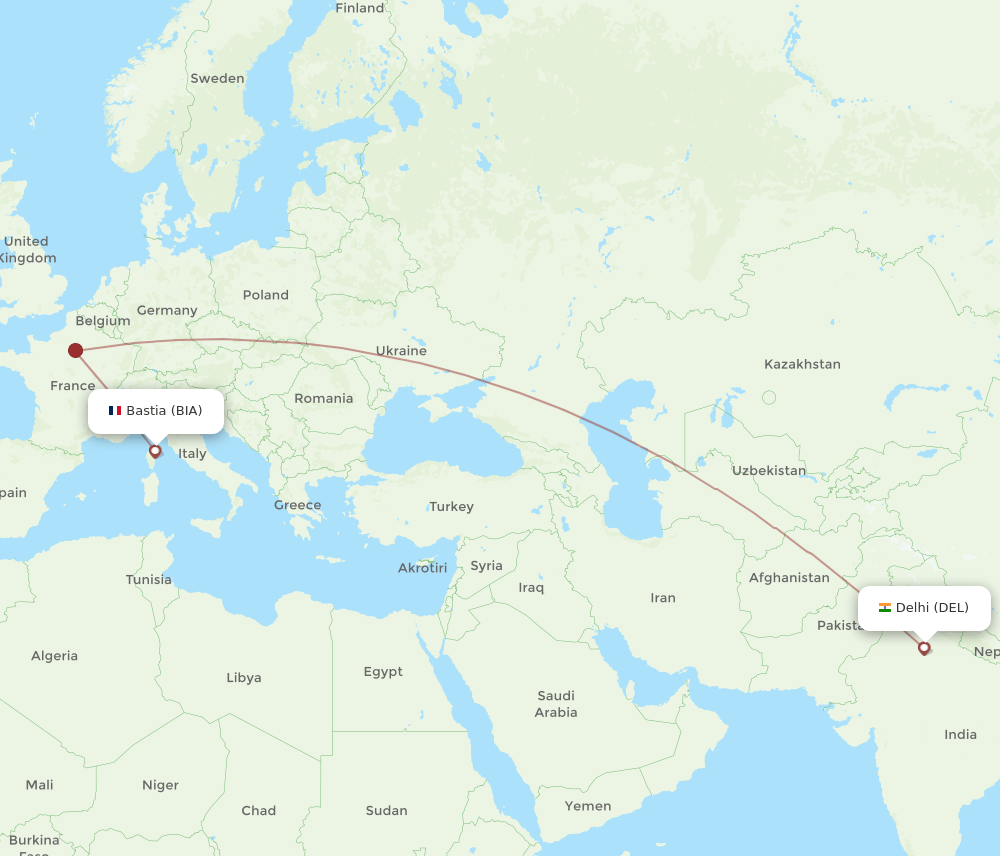 BIA to DEL flights and routes map